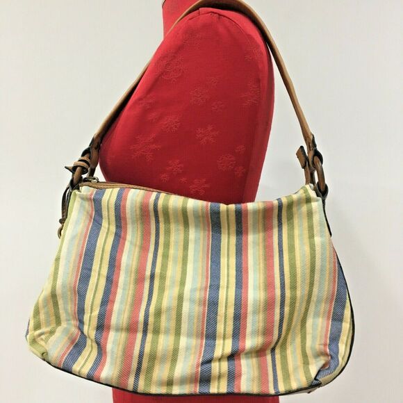 Fossil Handbags - Fossil Boho Shoulderbag Hobo Purse Brown Faux Leather Striped Canvas Casual Hip